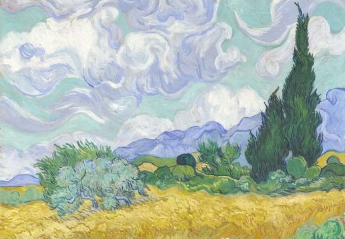 An expressive landscape painting featuring a golden wheat field, a tall green cypress tree, and swirling, cloudy skies.