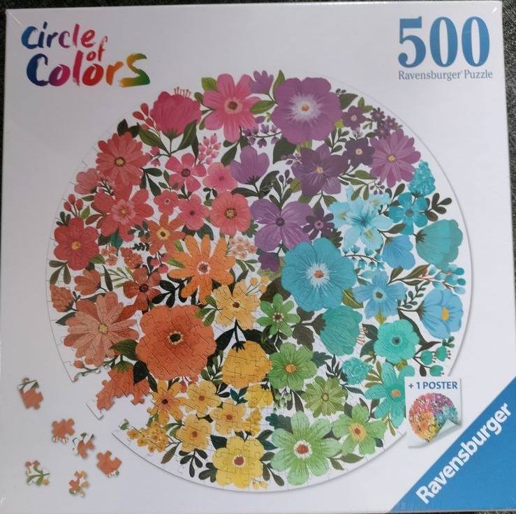A circular arrangement of colorful flowers in a gradient spectrum against a white background.