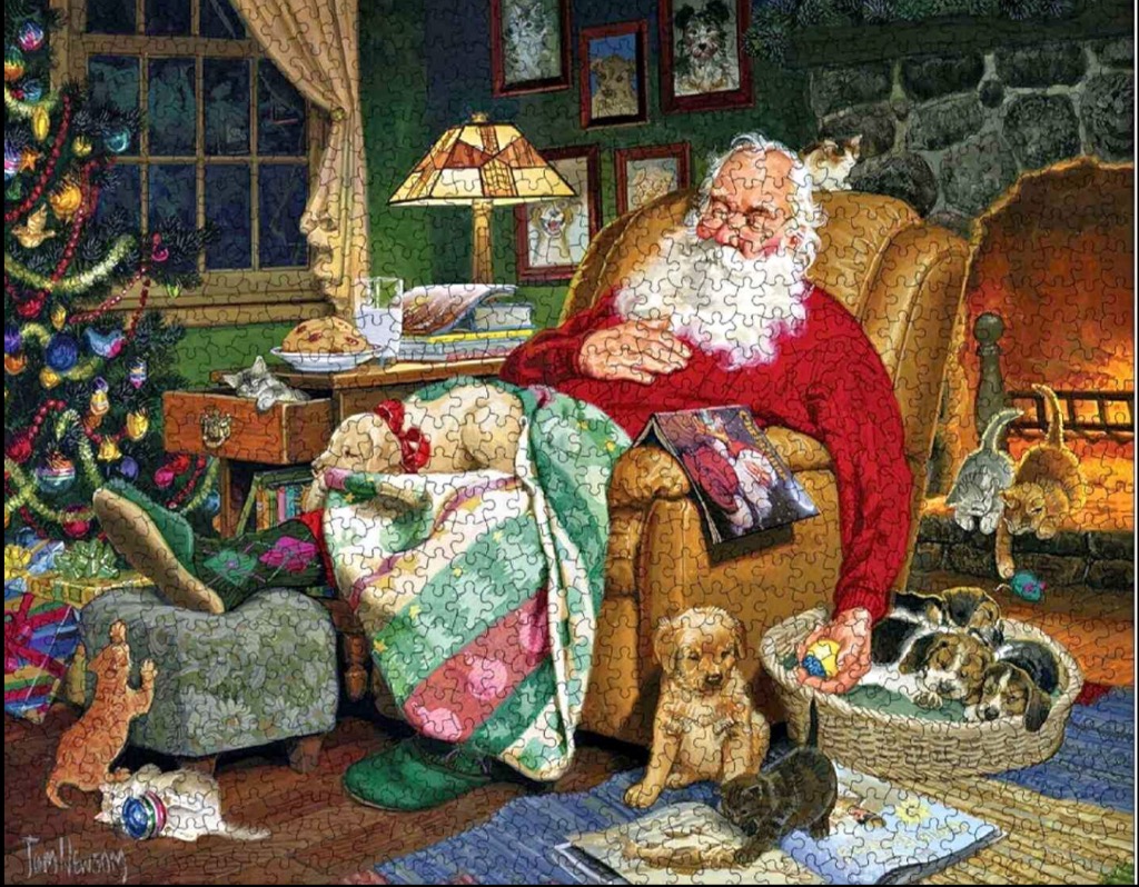 Illustration of Santa Claus napping in an armchair surrounded by many puppies and kittens on Christmas Eve.