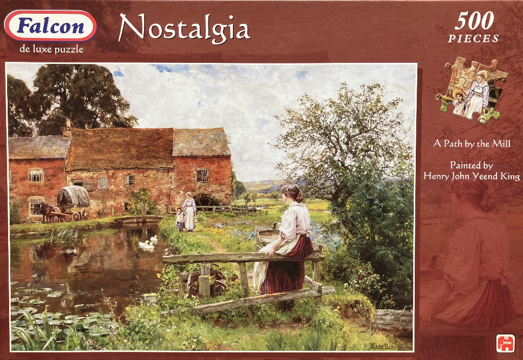 Painting of a woman sitting by a mill stream, with a woman and child walking on the bank.