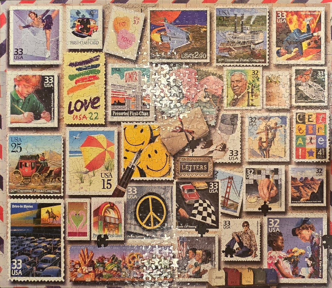 A collage of various vintage USA postage stamps featuring diverse Americana themes and cultural symbols.