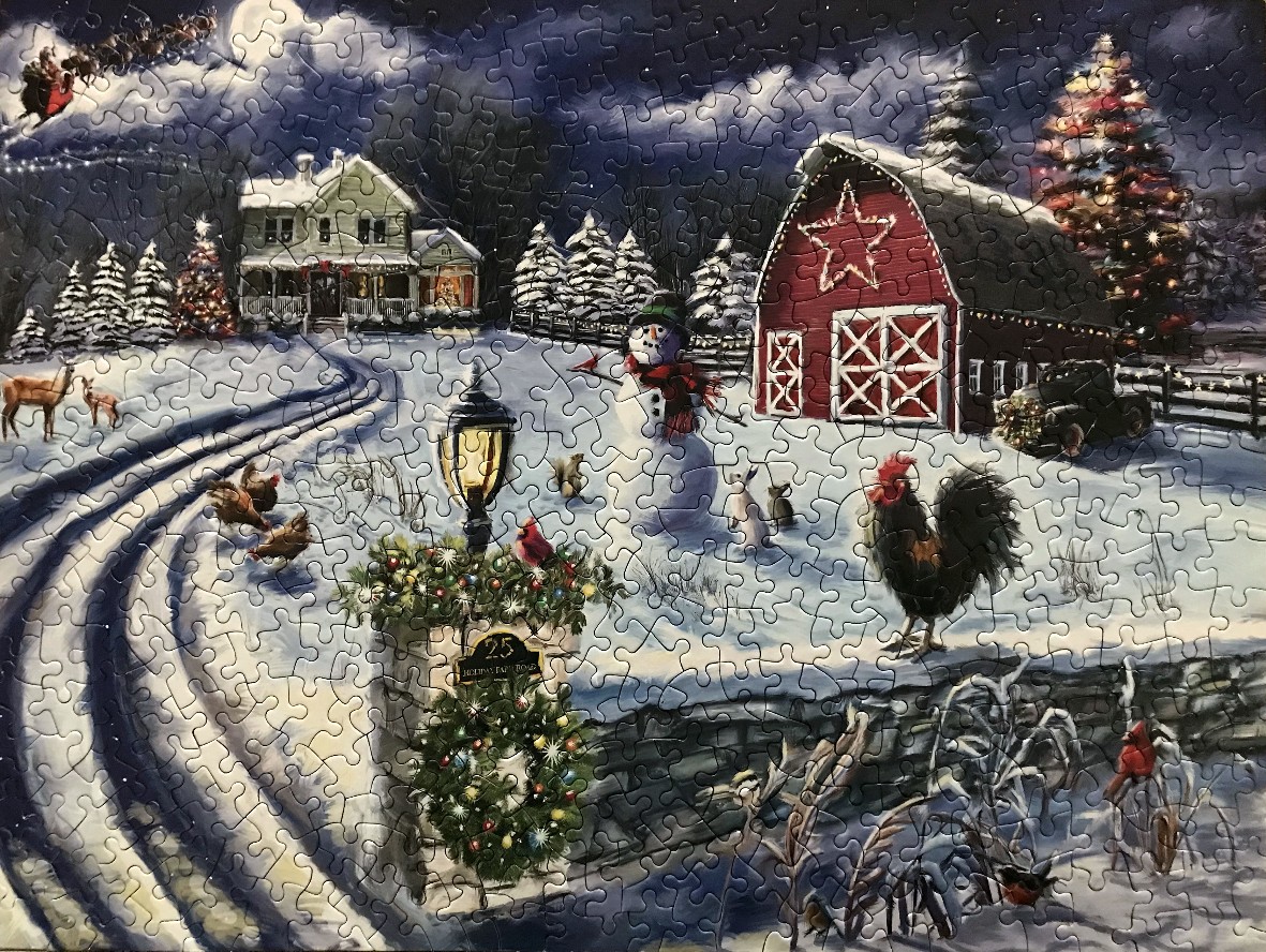 A moonlit winter farm scene at Christmas featuring a red barn, snowman, farmhouse, and a horse-drawn sleigh in the sky.
