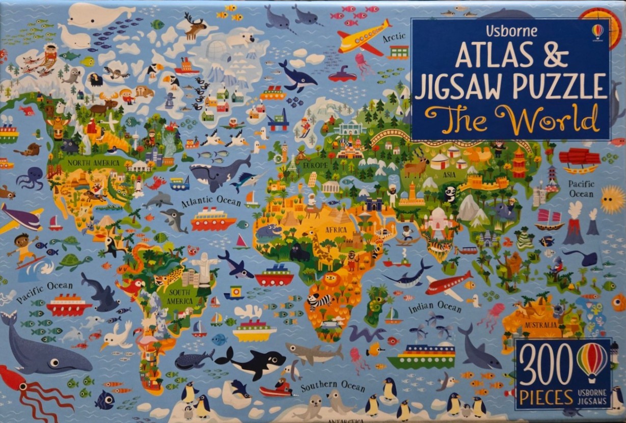 A colorful, illustrated cartoon-style world map showing animals, landmarks, and transportation across the continents.