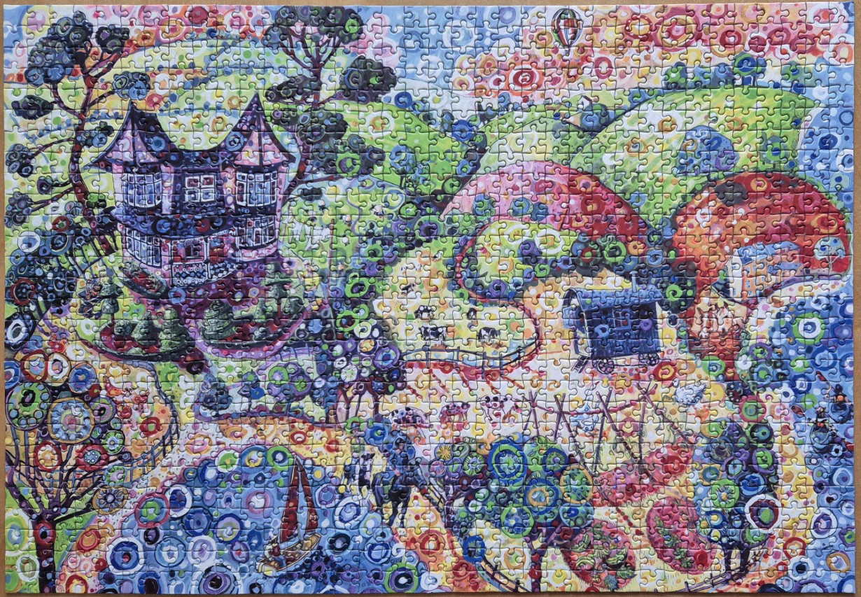 Vibrant whimsical landscape illustration featuring a large manor, rolling hills, and a small sailboat on a pond.