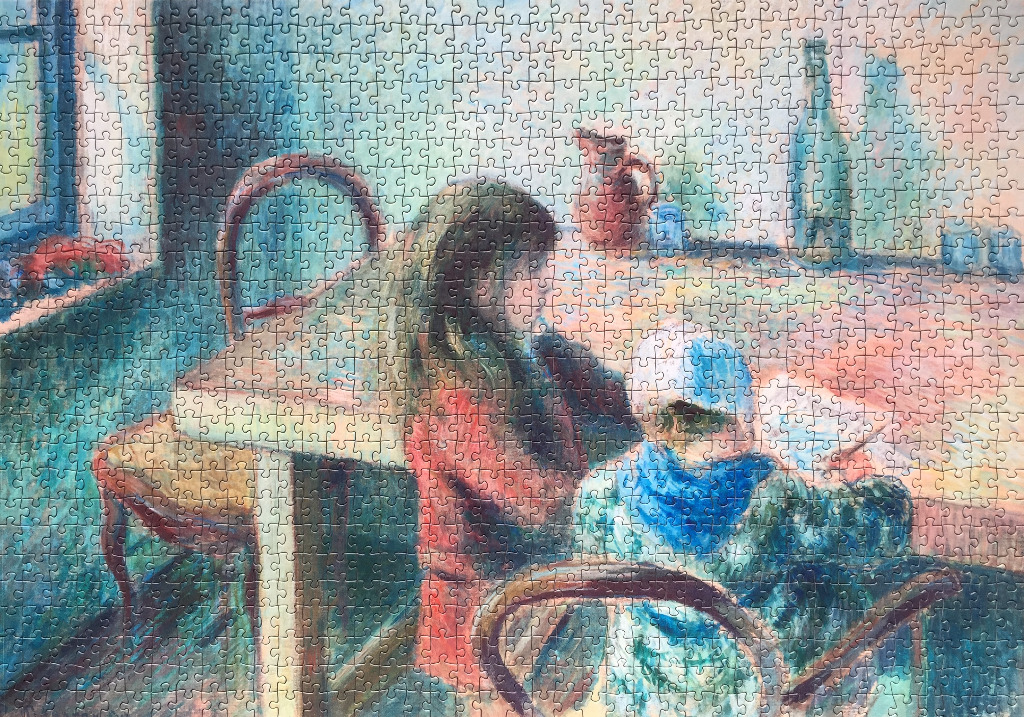 Impressionist painting of two children sitting at a table in a dimly lit, blue-toned room.
