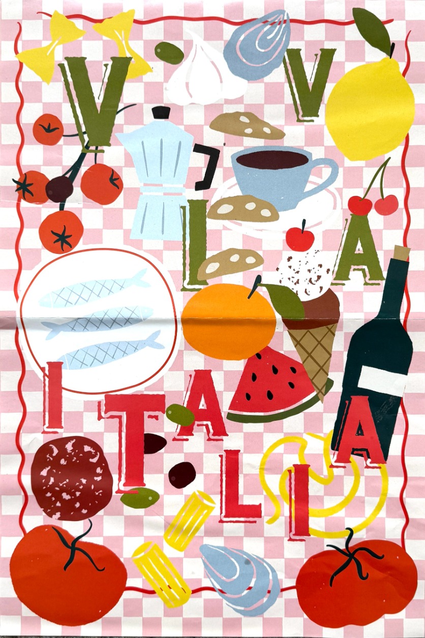 A whimsical collage of Italian food icons including pasta, tomatoes, wine, and gelato over a pink gingham background.