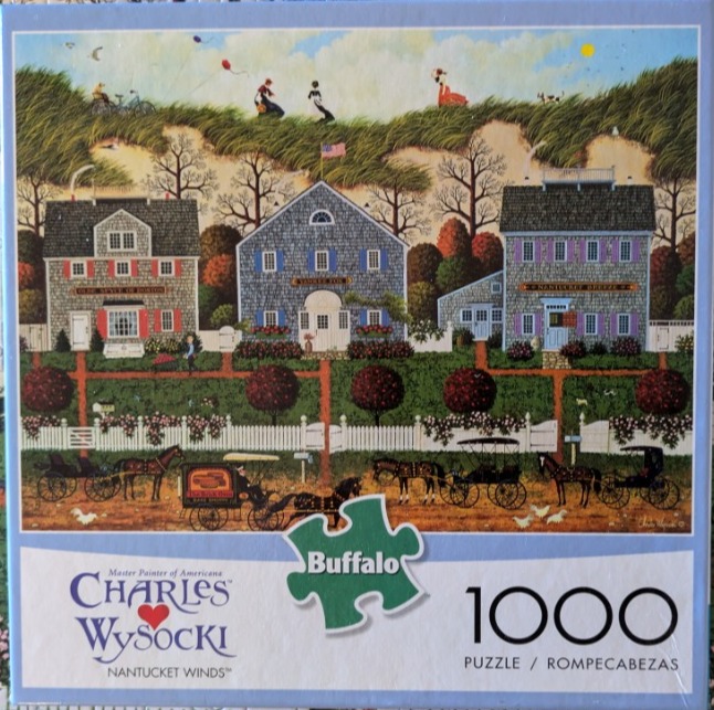 Folk art scene of three coastal houses with horse-drawn carriages in front and grassy dunes in the background.