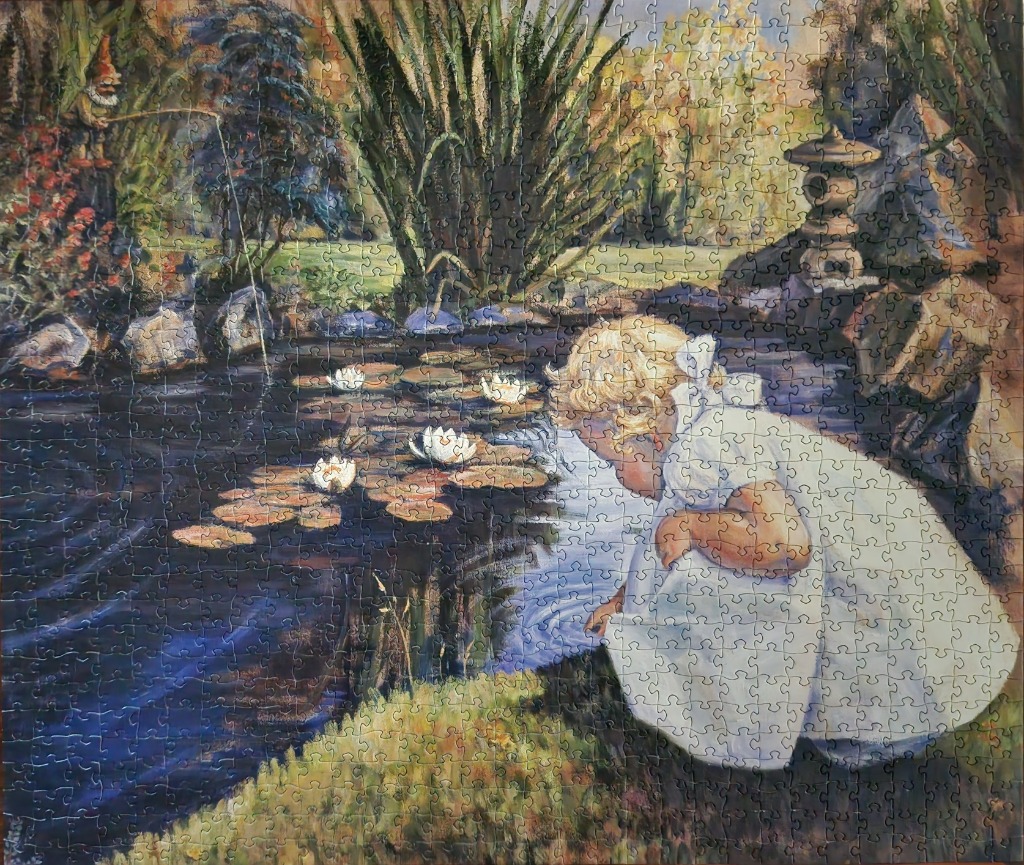 A blonde child in a white dress leans over a pond with lily pads in a lush, impressionistic garden setting.