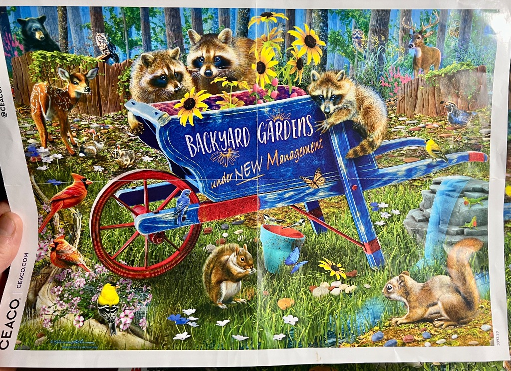 A whimsical garden scene featuring a blue wheelbarrow filled with raccoons and surrounded by diverse wildlife.