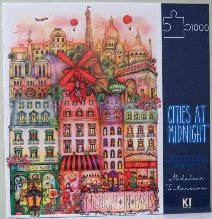 Whimsical illustration of Parisian landmarks and charming street-level shops at sunset.