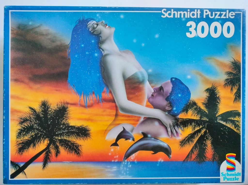 Surreal illustration of a celestial couple embracing over a tropical beach at sunset with leaping dolphins.