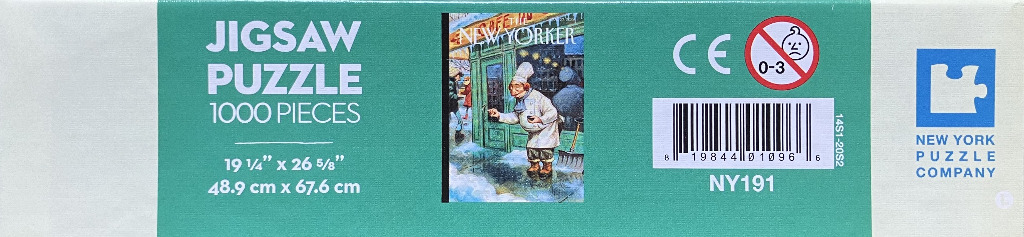 New Yorker cover art: chef in snow outside cafe, winter scene.