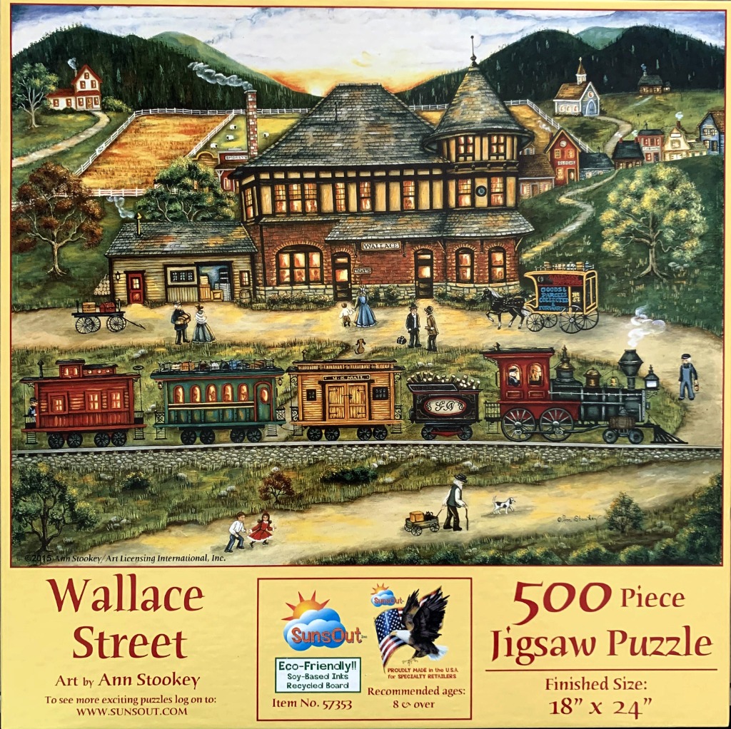 Folk art illustration of a small town train station with a steam train passing by at dusk.
