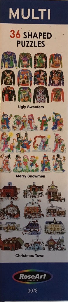 36 shaped puzzles: ugly sweaters, snowmen, and Christmas town scenes.