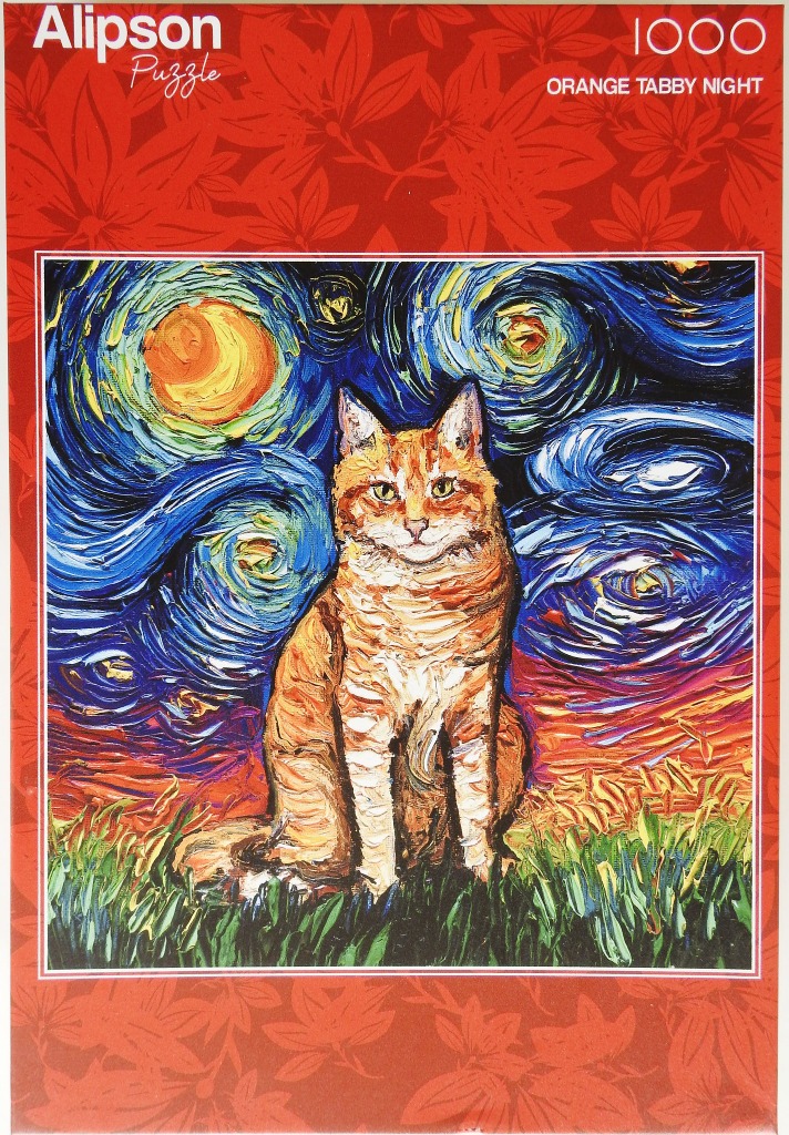 An impressionist-style painting of an orange tabby cat sitting in front of a swirling starry night sky.