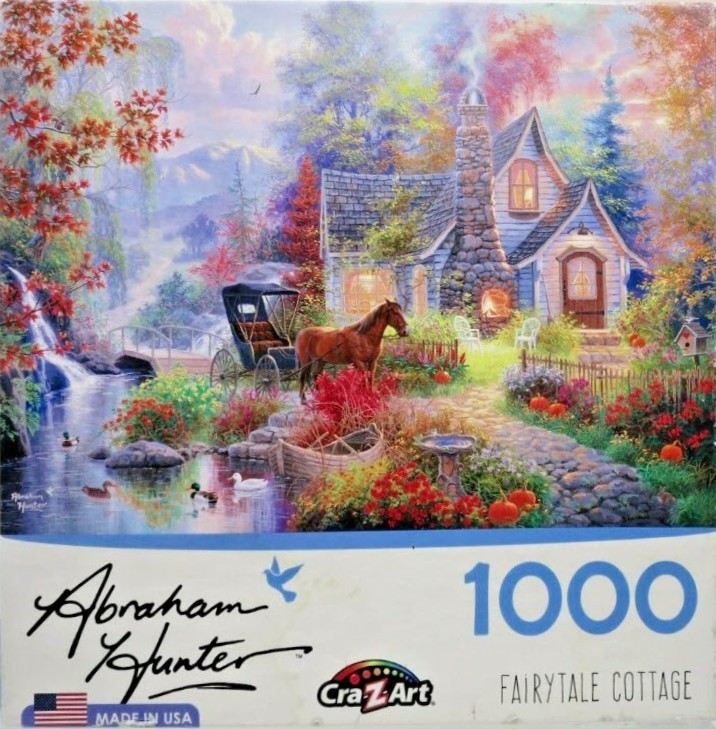A peaceful painting of a cottage with a horse-drawn carriage by a waterfall in autumn.