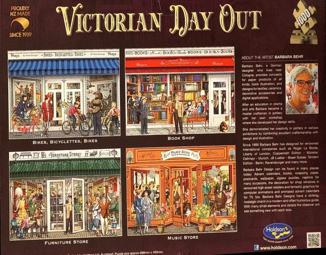 An illustration featuring four vintage-style storefronts: a bicycle shop, a book shop, a furniture store, and a music store.