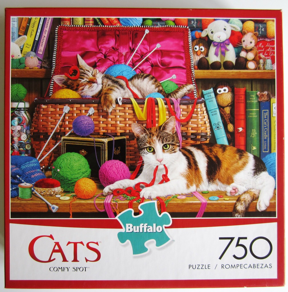 A detailed illustration of two cats playing with balls of yarn in a cozy, craft-filled setting.