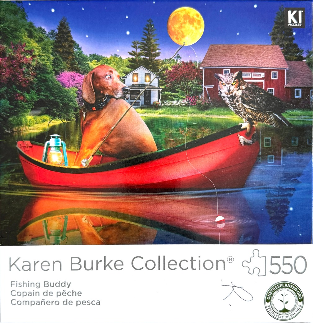 A dachshund and an owl sitting in a red canoe on a lake at night under a large full moon.