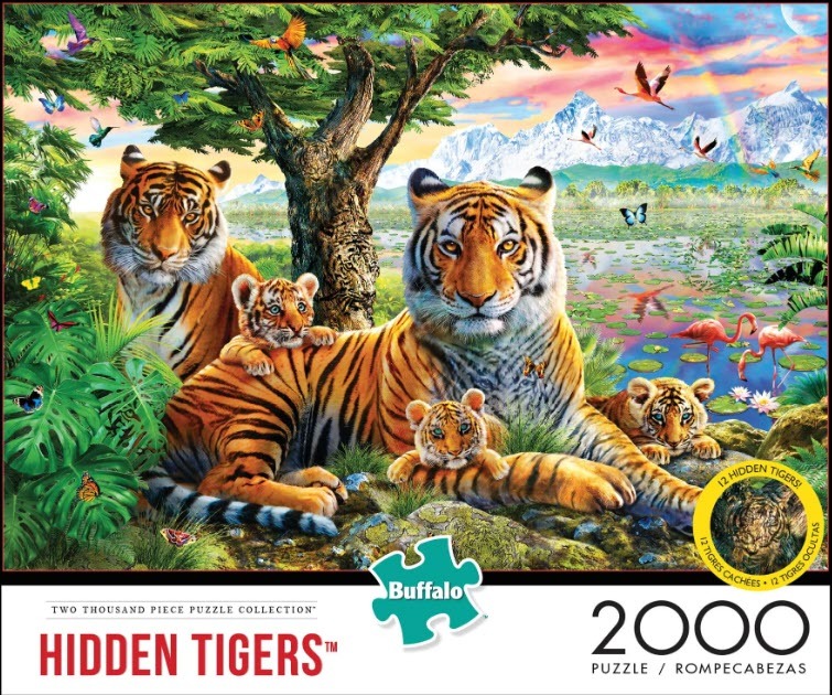 A digital illustration of a tiger family resting by a pond with a mountain landscape background.