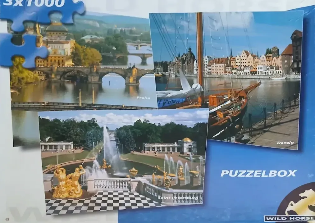 A collage of three European city scenes including Prague, Danzig, and Saint Petersburg.