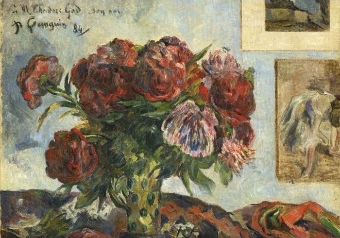 An Impressionist oil painting of dark red peonies in a polka-dot vase against a pale blue wall with hanging pictures.