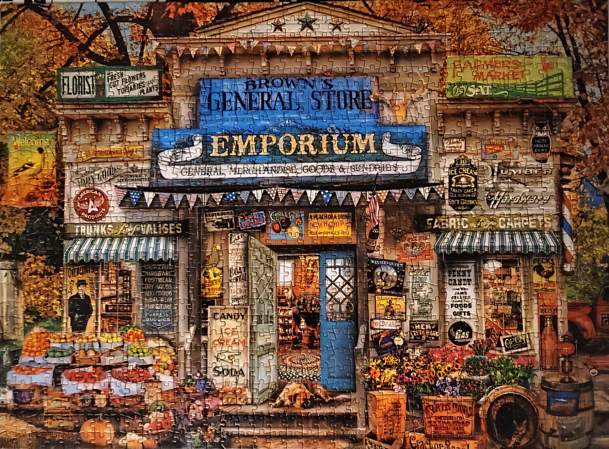 A nostalgic painting of an old-fashioned country general store surrounded by autumn foliage.