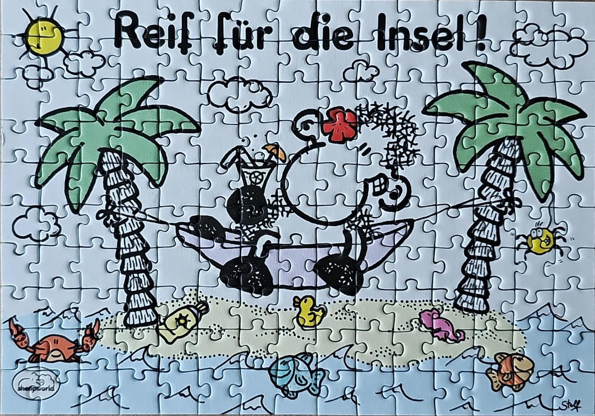 Cartoon scene of a character in a hammock between two palm trees with the German text Reif für die Insel!