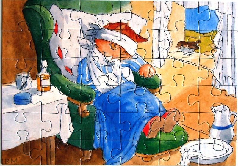 Watercolor illustration of an orange cat resting in a green armchair with a head bandage.