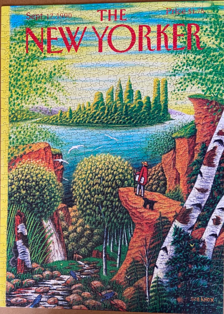 A vintage magazine cover illustration of a hiker and dog standing on a cliff overlooking a lake and forest landscape.