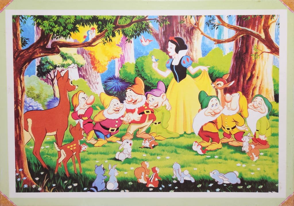 Snow White and the Seven Dwarfs surrounded by forest animals in a sunny glade.
