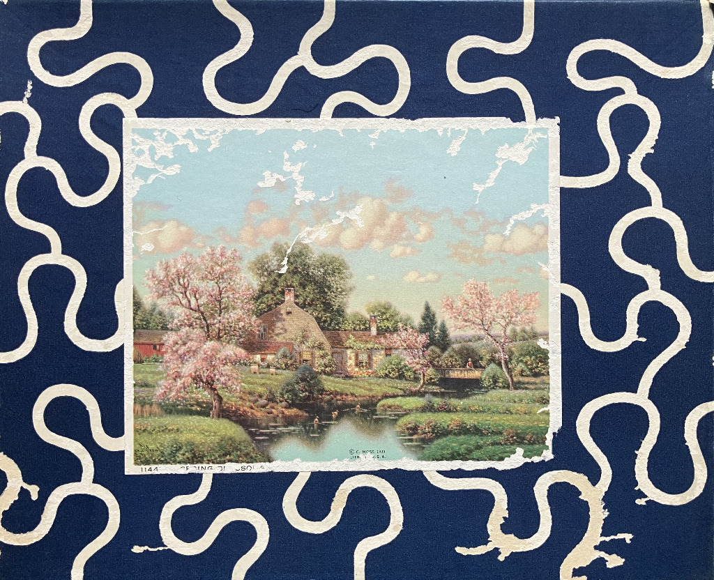 An idyllic 1930s landscape painting of a cottage by a stream surrounded by cherry blossoms in spring.