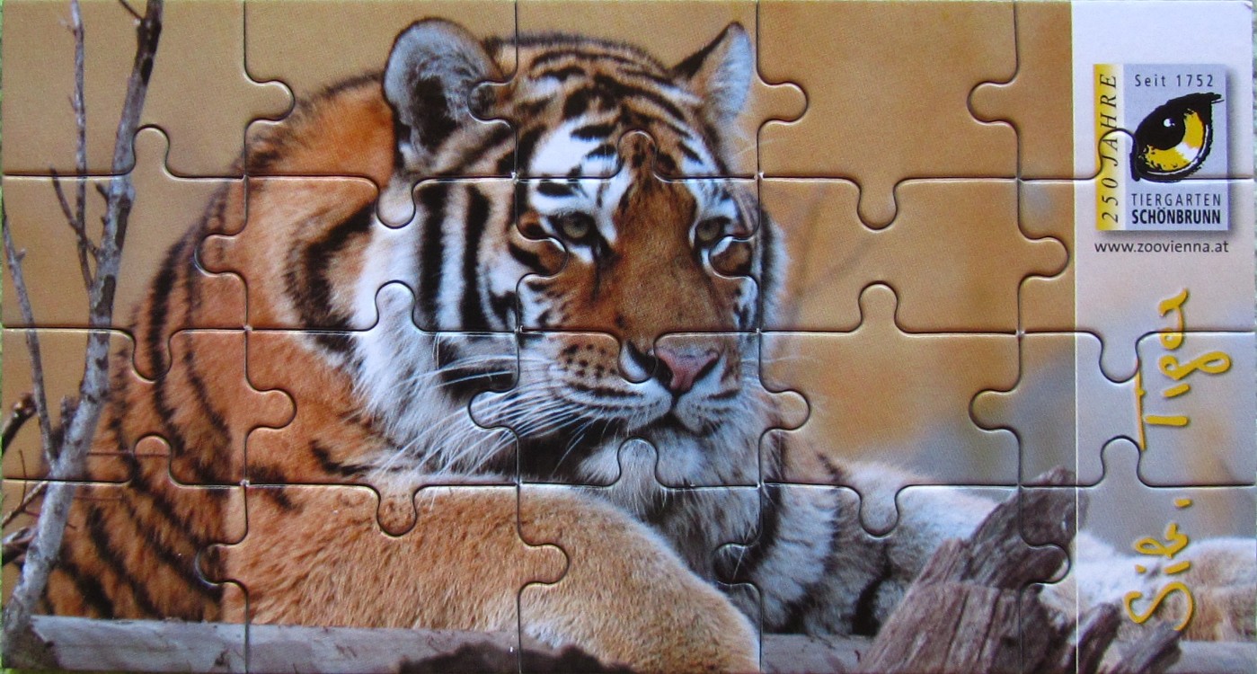 A portrait of a Siberian tiger with a yellow eye logo in the top right corner.