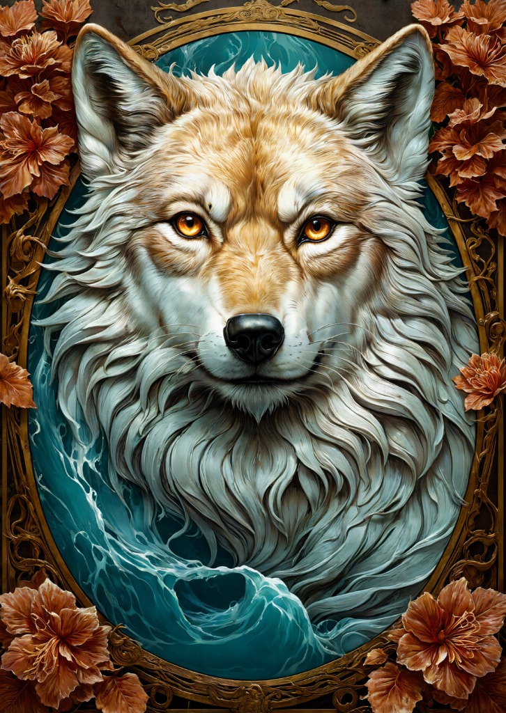 A close-up illustration of a wolf with golden eyes emerging from a swirling teal pool, framed by an ornate gold border.