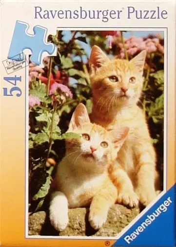 Two ginger tabby kittens resting in a garden