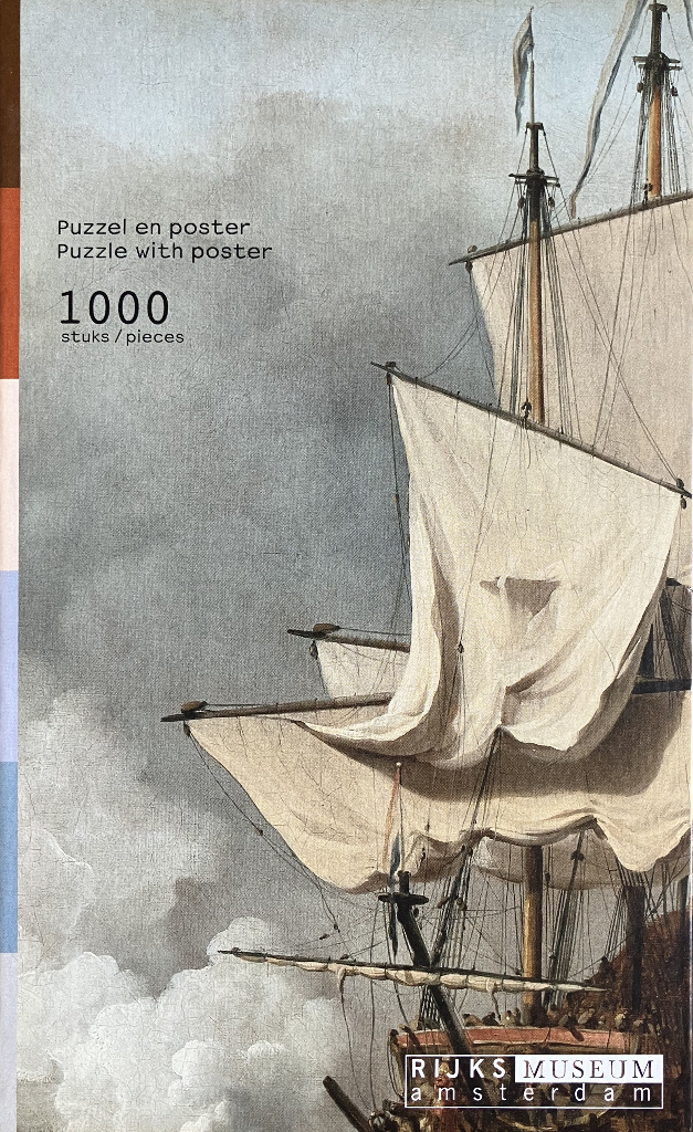 A classic oil painting of a tall ship sailing against a stormy gray sky.