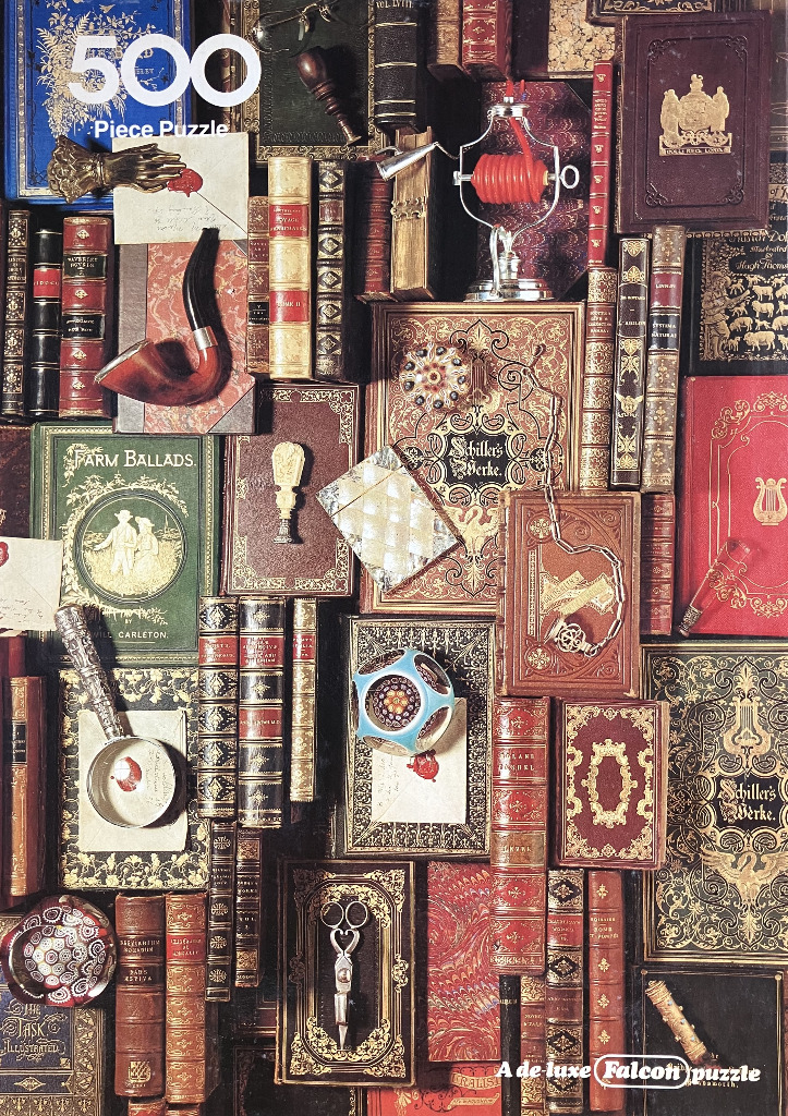 An overhead collection of antique books and vintage curiosities including a pipe, magnifying glass, and scientific tools.