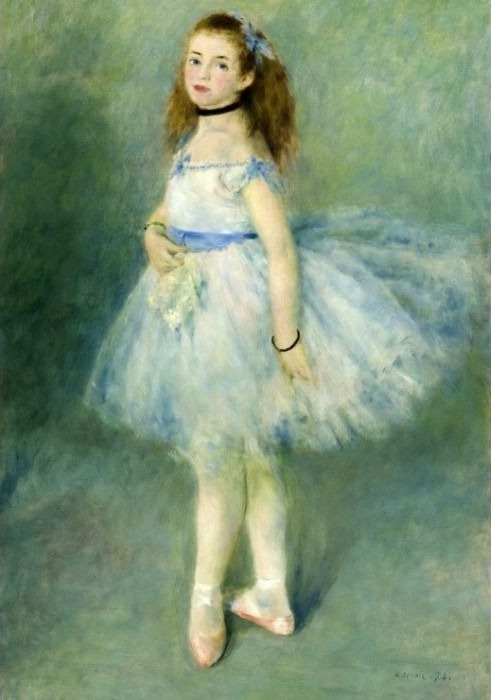 Impressionist painting of a young girl in a blue and white tutu standing against a soft green background