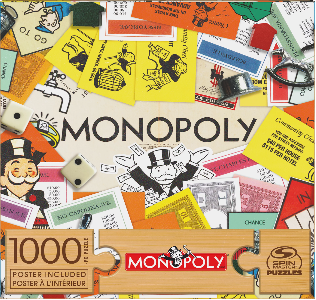A collage of classic board game elements including cards, money, tokens, and the Monopoly logo.