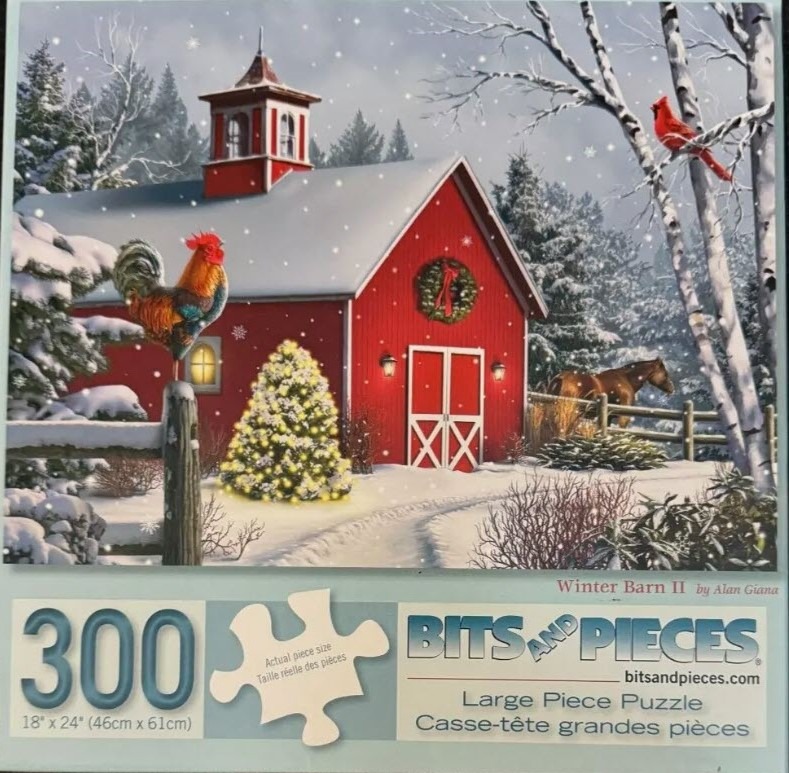 A red barn in a snowy winter landscape with a rooster, a Christmas tree, and a cardinal.