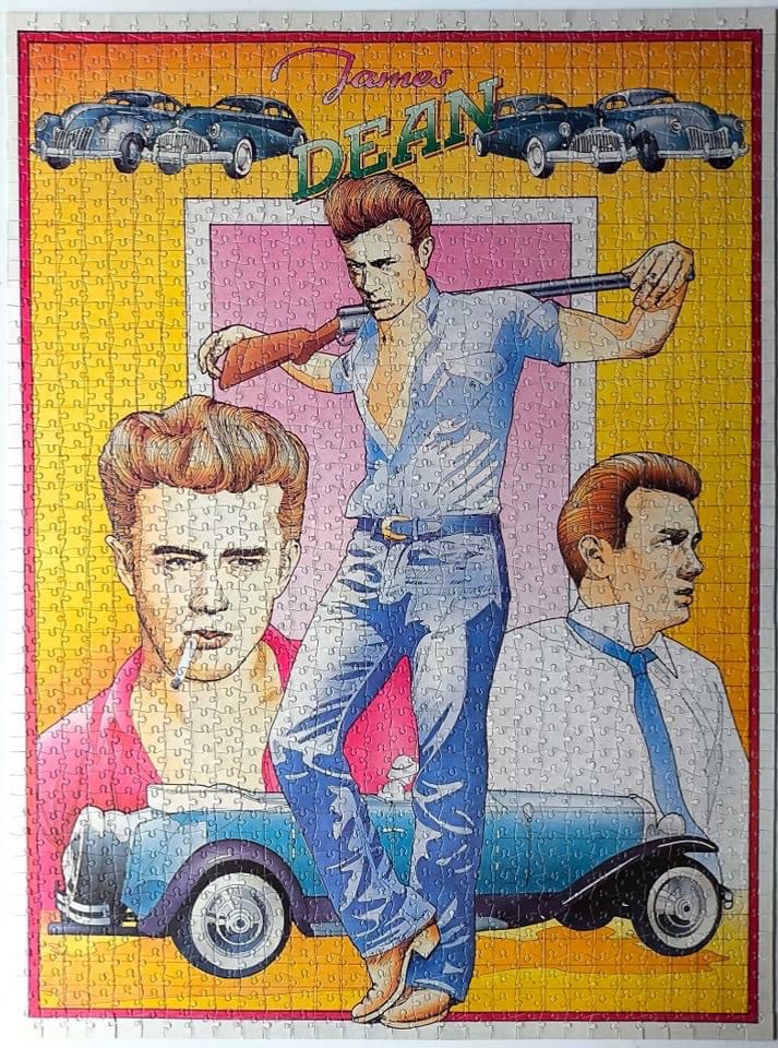 A graphic collage illustration featuring James Dean in multiple poses with classic cars and vibrant colors.