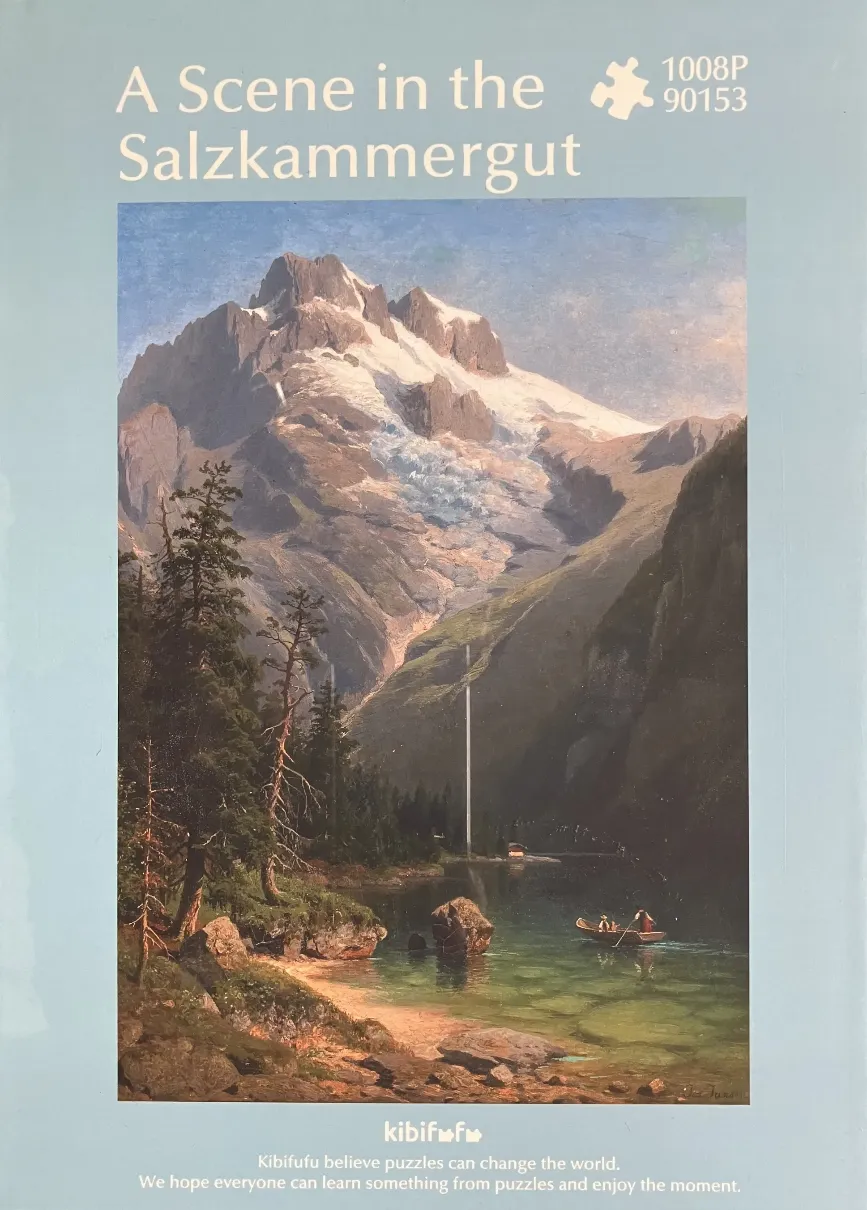 An oil painting of a majestic Alpine mountain towering over a serene, emerald-green lake with a small wooden boat.
