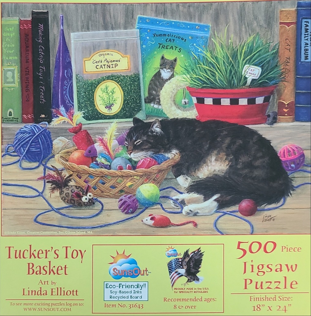 A black and white cat sleeping against a basket filled with colorful toys on a bookshelf.