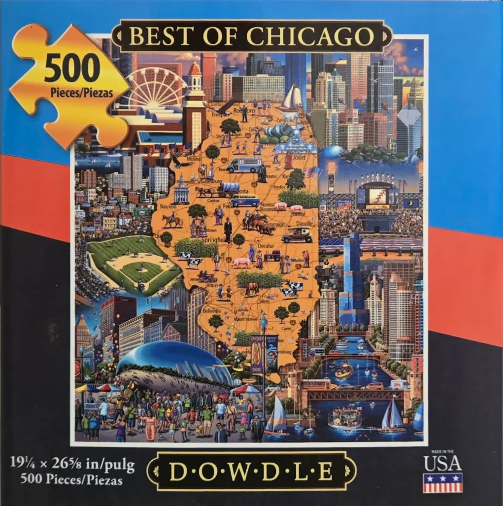 A whimsical collage map of Illinois featuring Chicago landmarks, cityscapes, and rural scenes.