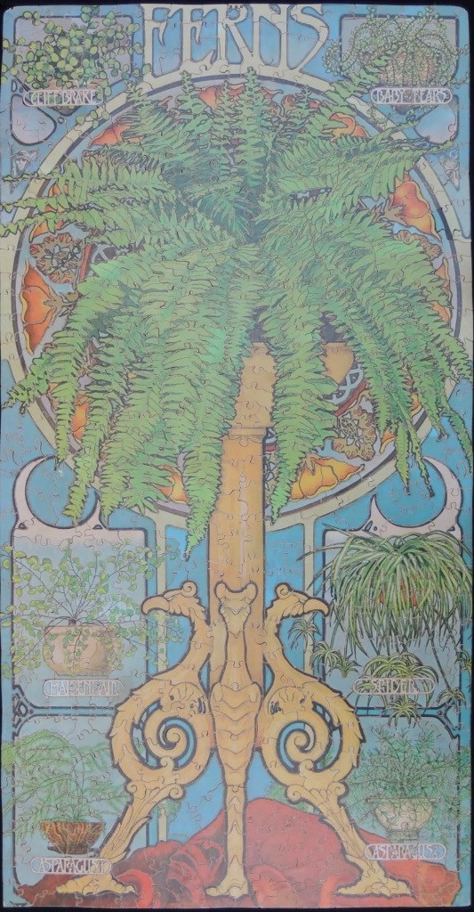 Art Nouveau style illustration of ferns and potted plants with decorative gold accents.
