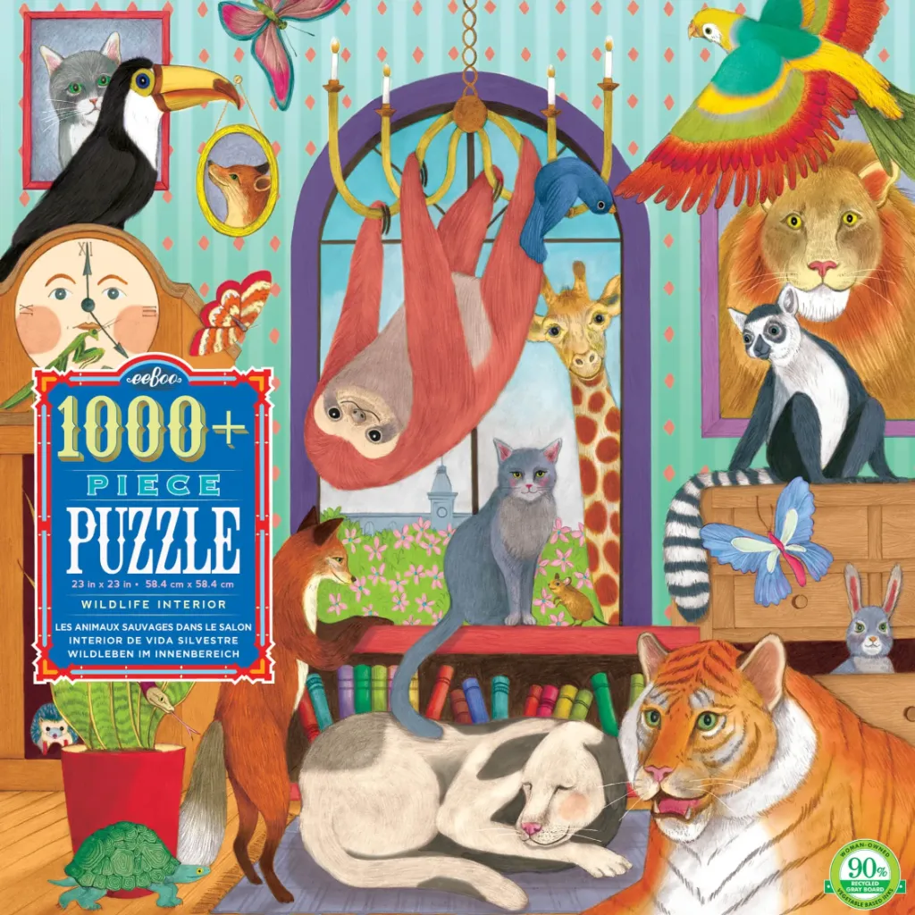 A whimsical illustration of various wild and domestic animals gathered inside a cozy, colorful room.