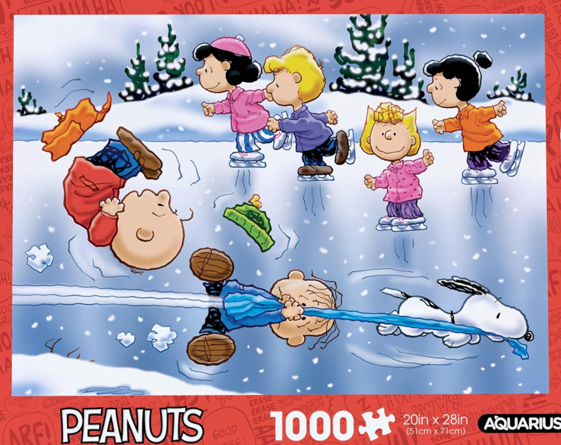 Peanuts characters ice skating and playing in the snow, with Charlie Brown tumbling and Snoopy pulling him by a rope.