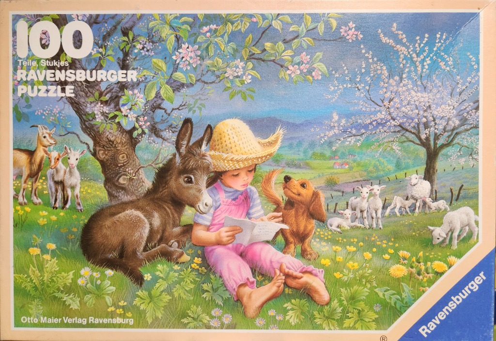 A young girl in a straw hat sitting in a meadow reading to a donkey and a dachshund, surrounded by goats and lambs.