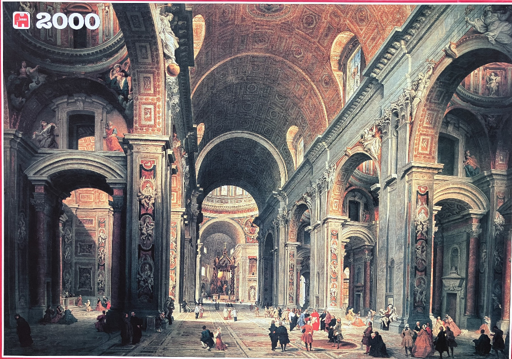 A classical painting of the interior of St. Peter's Basilica with tall arches, ornate columns, and small human figures.