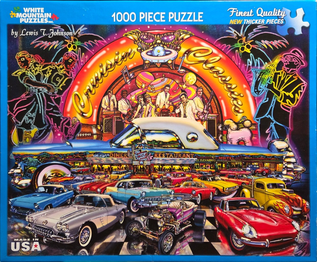 Illustration of vintage cars parked in front of a neon-lit diner with a musical band performing in a semi-circular background